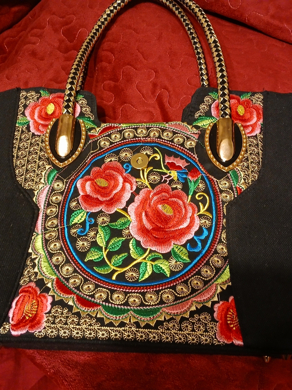 MEXICANA Black Shoulder Bag with Red Rose Embroidery and Gold Accents